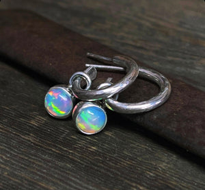 Opal Earrings, Hammered Hoop Earrings with Opal Charms, Sterling Silver, Ethiopian Opal, October Birthstone, Gift for Her, Handmade Earrings