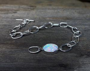 Opal Bracelet Sterling Silver, Ethiopian Opal Bracelet, Chunky Opal Chain Bracelet, Gemstone Bracelet, Gift for Her, Handmade Opal Bracelet