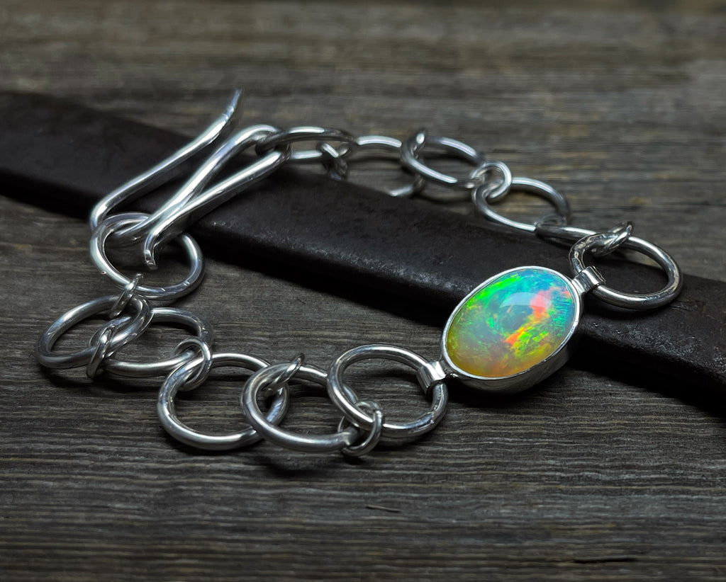 Opal Bracelet Sterling Silver, Ethiopian Opal Bracelet, Chunky Opal Chain Bracelet, Gemstone Bracelet, Gift for Her, Handmade Opal Bracelet