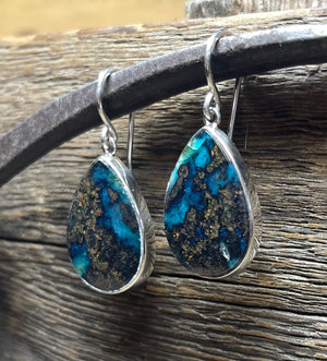 Indonesian Petrified Opalized Wood Earrings in Sterling Silver, Teal Blue and Brown Opal Dangle Earrings, Blue Opal, Handmade Gift for Her