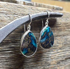 Indonesian Petrified Opalized Wood Earrings in Sterling Silver, Teal Blue and Brown Opal Dangle Earrings, Blue Opal, Handmade Gift for Her