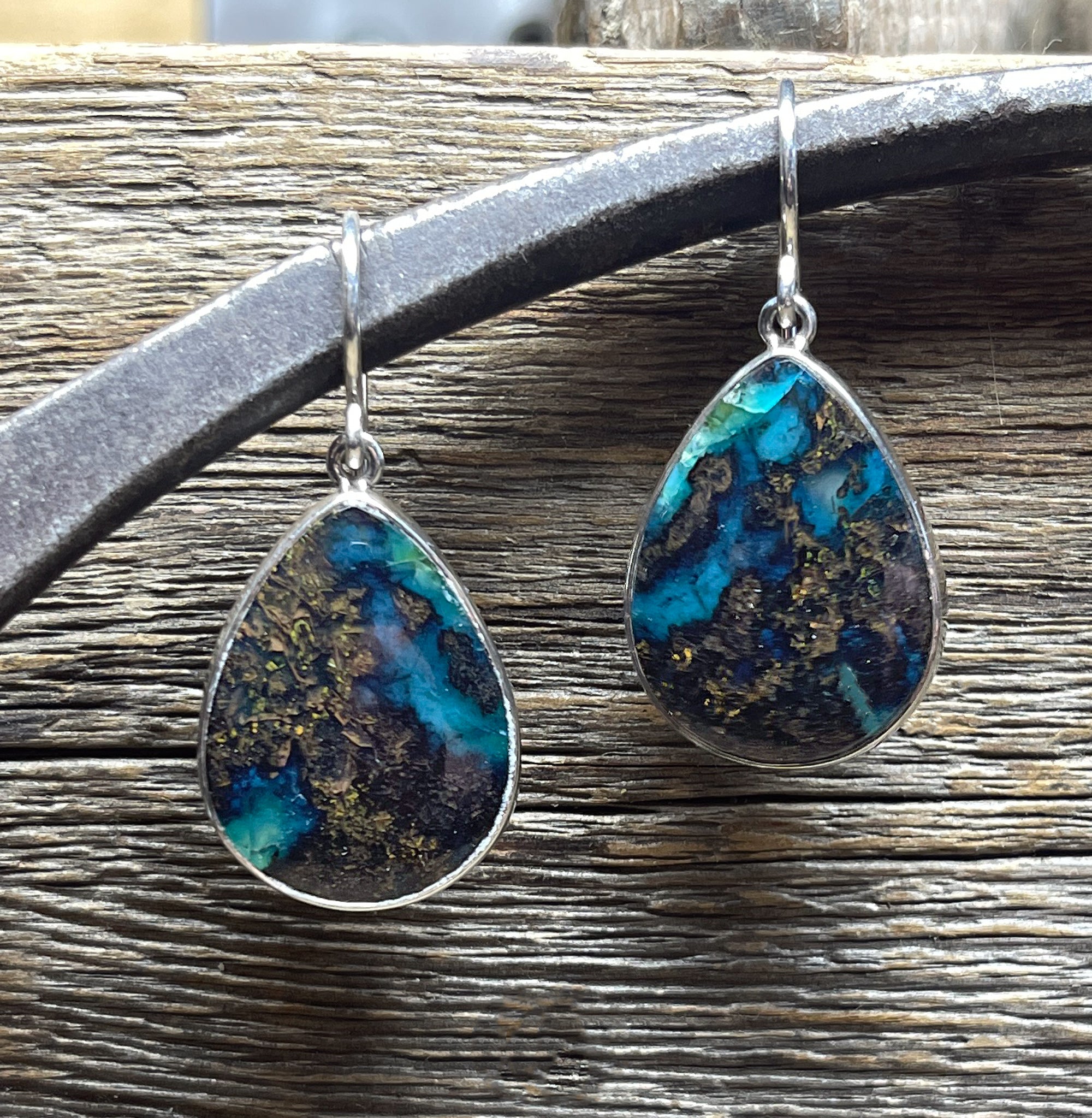 Indonesian Petrified Opalized Wood Earrings in Sterling Silver, Teal Blue and Brown Opal Dangle Earrings, Blue Opal, Handmade Gift for Her