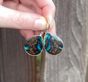 Indonesian Petrified Opalized Wood Earrings in Sterling Silver, Teal Blue and Brown Opal Dangle Earrings, Blue Opal, Handmade Gift for Her