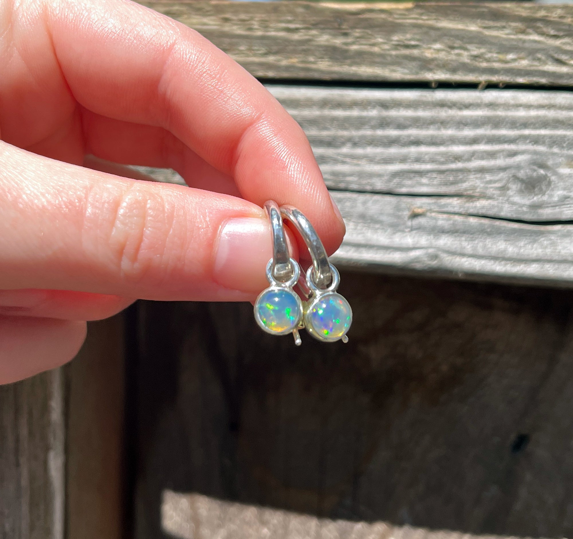 Opal Earrings, Hammered Hoop Earrings with Opal Charms, Sterling Silver, Ethiopian Opal, October Birthstone, Gift for Her, Handmade Earrings