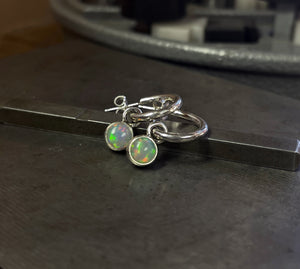 Opal Earrings, Hammered Hoop Earrings with Opal Charms, Sterling Silver, Ethiopian Opal, October Birthstone, Gift for Her, Handmade Earrings