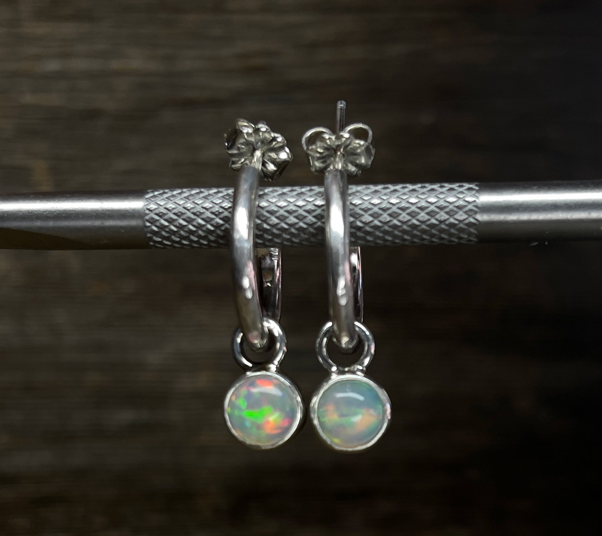 Opal Earrings, Hammered Hoop Earrings with Opal Charms, Sterling Silver, Ethiopian Opal, October Birthstone, Gift for Her, Handmade Earrings