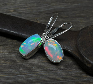 Opal Earrings, Mismatched Opal Earrings, Ethiopian Opal Dangle Earrings, Sterling Silver, Natural Opal Gemstone Earrings, Handmade Gift