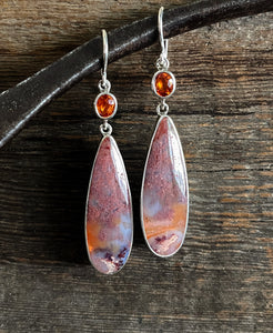 Orange Sapphire and Coral Fossil Earrings, Pink and Orange Gemstone Earrings, Sterling Silver Dangle Earrings, Handmade, Christmas Gift