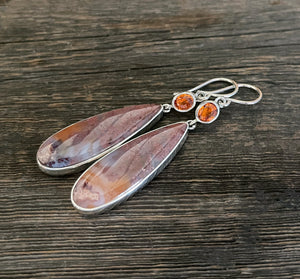 Orange Sapphire and Coral Fossil Earrings, Pink and Orange Gemstone Earrings, Sterling Silver Dangle Earrings, Handmade, Christmas Gift