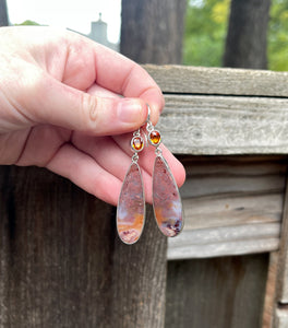 Orange Sapphire and Coral Fossil Earrings, Pink and Orange Gemstone Earrings, Sterling Silver Dangle Earrings, Handmade, Christmas Gift