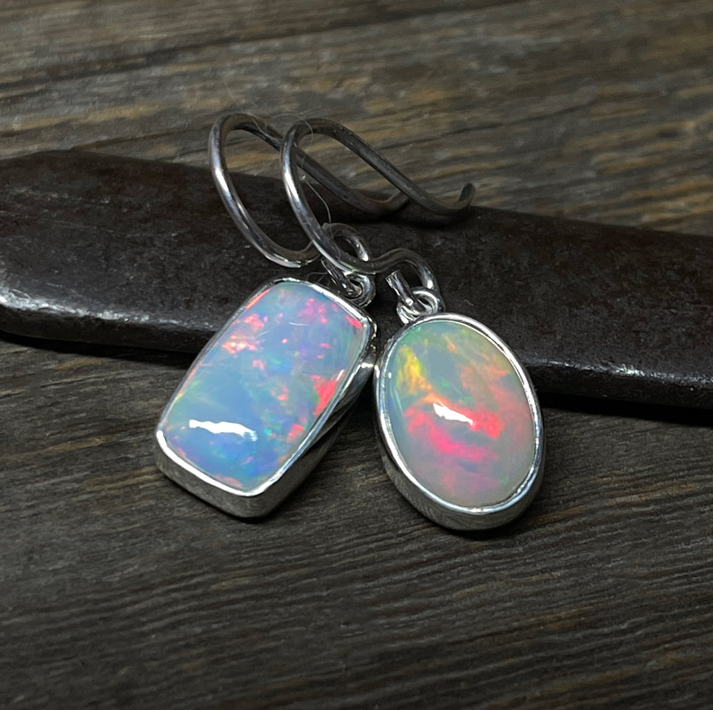 Opal Earrings, Mismatched Opal Earrings, Ethiopian Opal Dangle Earrings, Sterling Silver, Natural Opal Gemstone Earrings, Christmas Gift