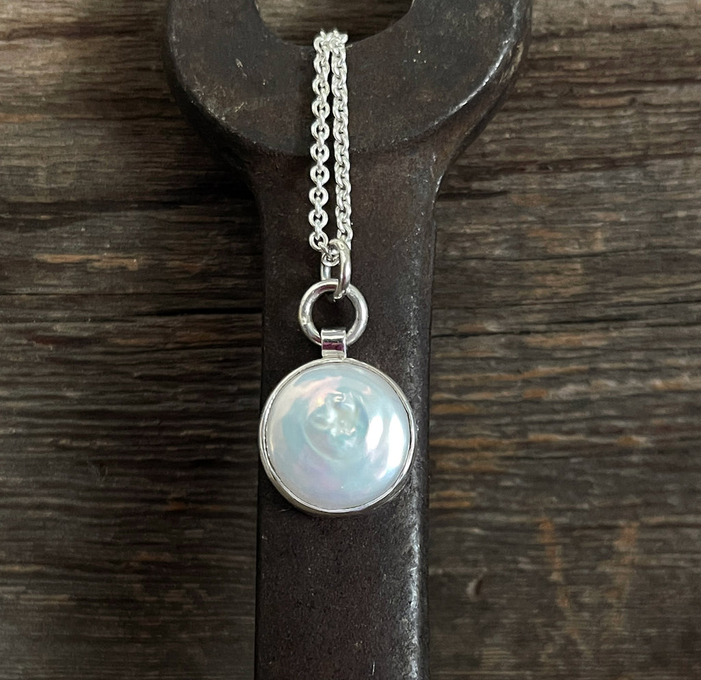 Pearl Pendant Sterling Silver, Coin Pearl Necklace, Layering Necklace, Handmade Necklace, Gift for Her, White Round Pearl Necklace