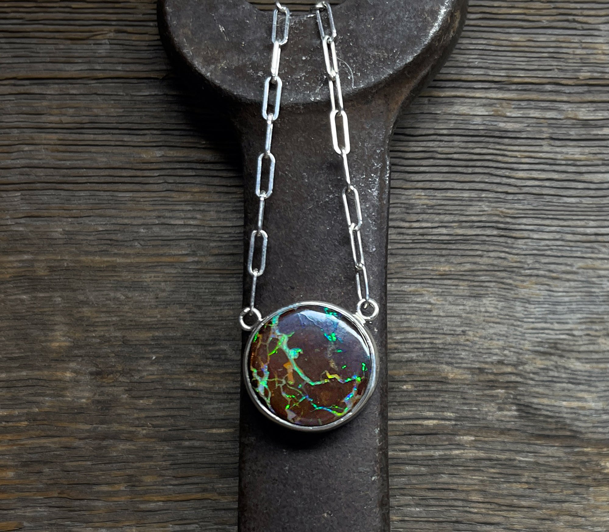 Boulder Opal Necklace in Sterling Silver, Round Australian Queensland Boulder Opal Necklace, Gift for Her, Gemstone Necklace