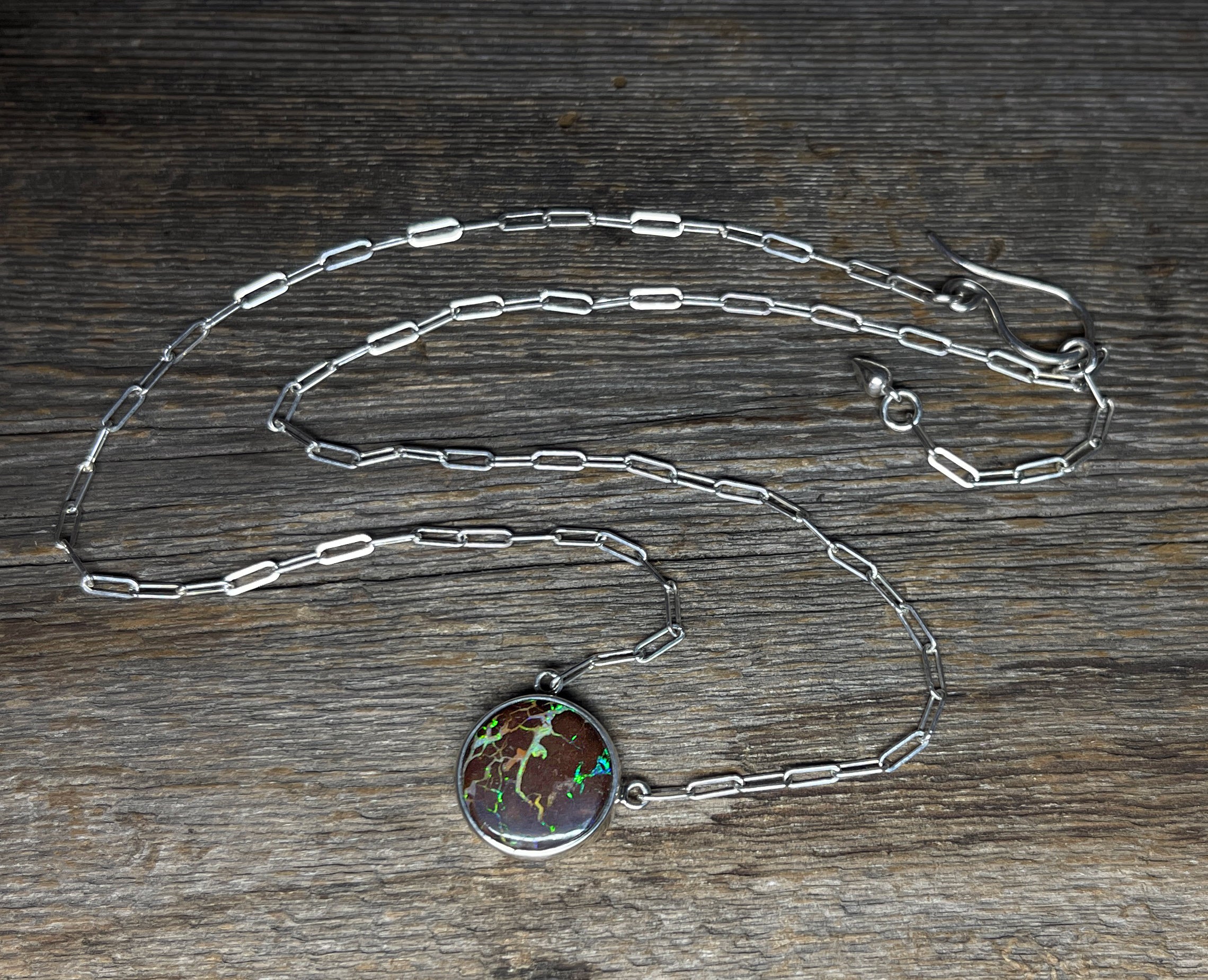 Boulder Opal Necklace in Sterling Silver, Round Australian Queensland Boulder Opal Necklace, Gift for Her, Gemstone Necklace