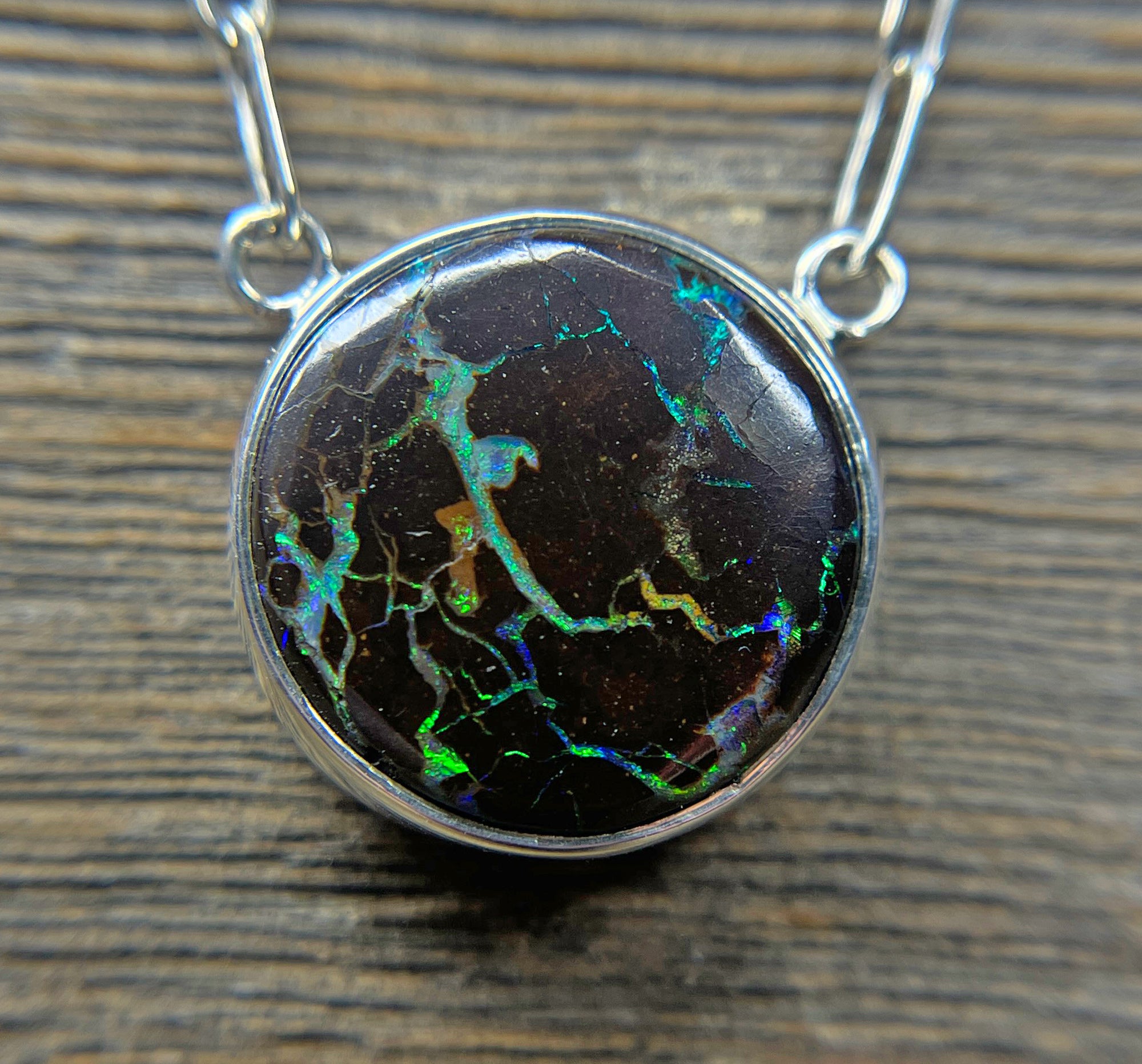 Boulder Opal Necklace in Sterling Silver, Round Australian Queensland Boulder Opal Necklace, Gift for Her, Gemstone Necklace