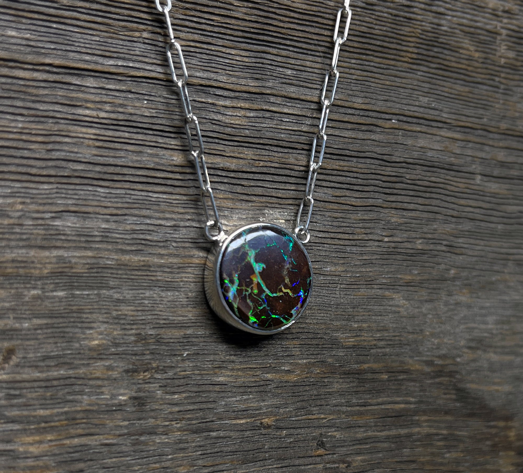 Boulder Opal Necklace in Sterling Silver, Round Australian Queensland Boulder Opal Necklace, Gift for Her, Gemstone Necklace