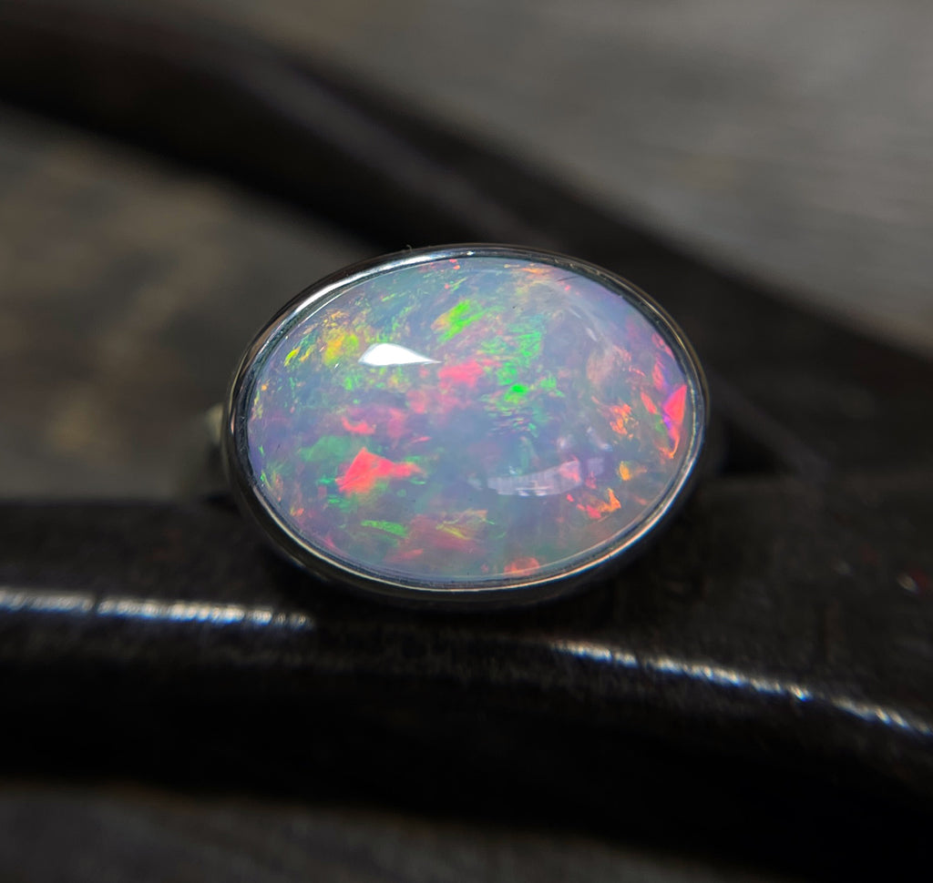 Opal Ring in Sterling Silver, Oval Ethiopian Opal Ring, Statement Opal Ring, Handmade Jewelry, Gift for Her, October Birthstone